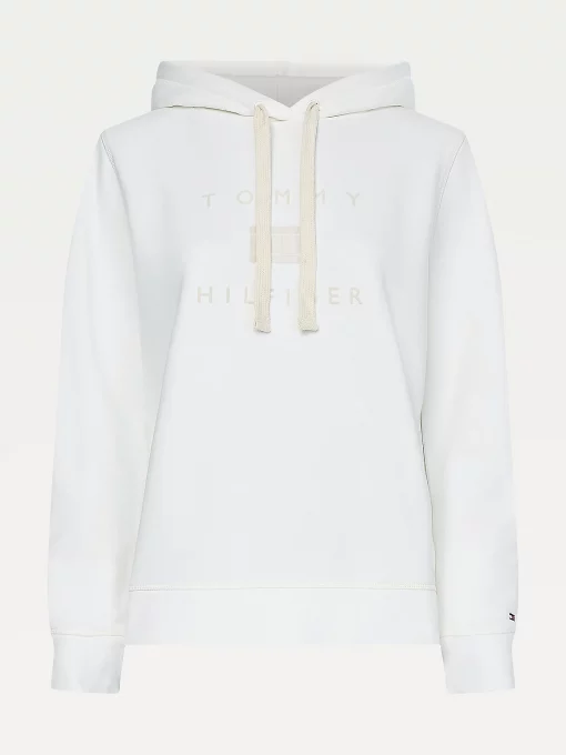 Tommy Hilfiger Flock Logo Hoody Ecru