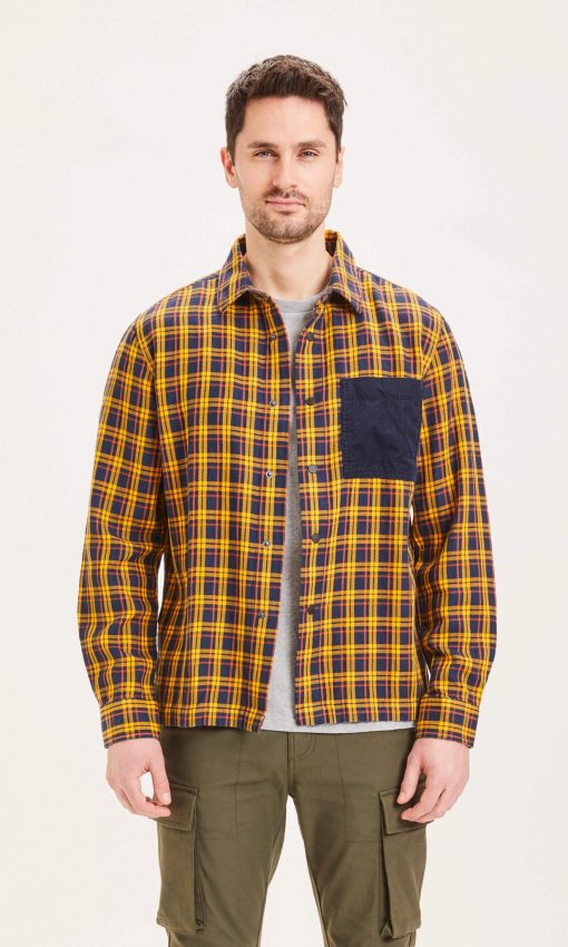 Knowledge Cotton Apparel Pine Fine Checked Overshirt Yellow