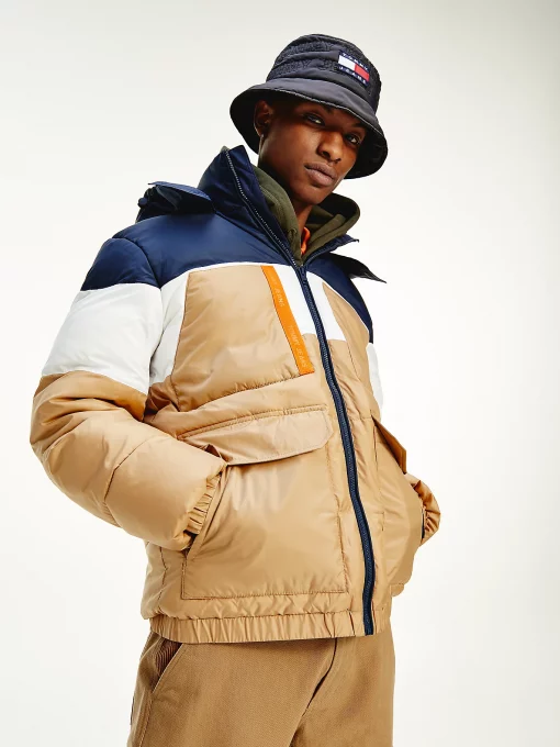 Tommy Jeans Colour-Blocked Hooded Puffer Jacket Classic Khaki