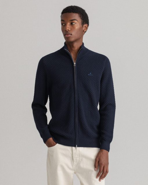 Gant Cotton Texture Full Zip Cardigan Evening Blue