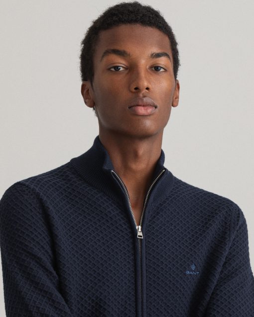 Gant Cotton Texture Full Zip Cardigan Evening Blue