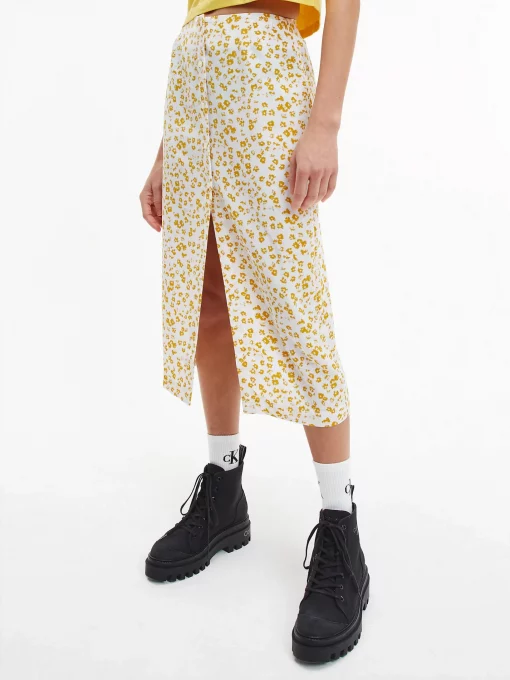 Calvin Klein Button Through Midi Skirt Floral Aop Bright White/Yellow