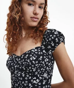 Calvin Klein Off Shoulder Dress Floral Aop CK Black/bright White