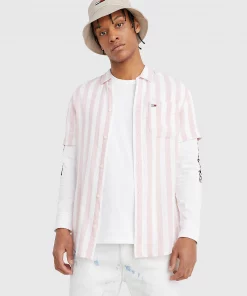 Tommy Jeans Linen Blend Stripe Shirt Broadway Pink Stripe