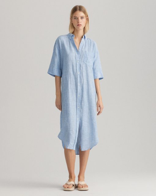 Gant Woman Linen Chambray Shirt Dress Silver Lake blue