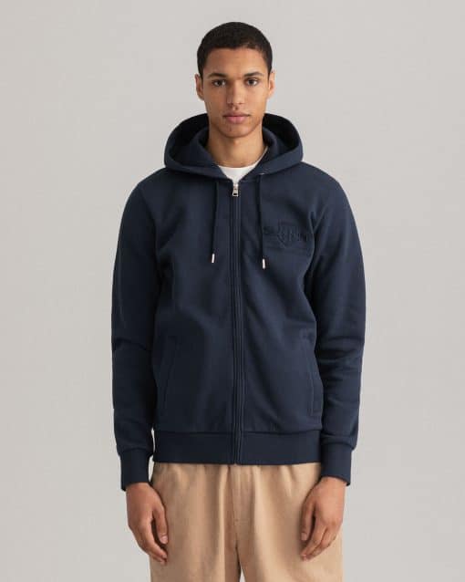 Gant Tonal Archive Shield Zip Hoodie Evening Blue
