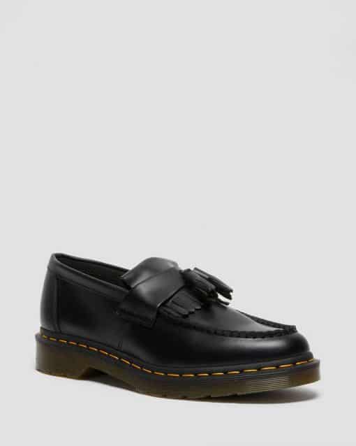 Dr. Martens Adrian Yellow Stitch Leather Tassle Loafers Smooth Black