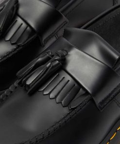 Dr. Martens Adrian Yellow Stitch Leather Tassle Loafers Smooth Black
