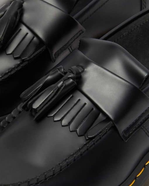 Dr. Martens Adrian Yellow Stitch Leather Tassle Loafers Smooth Black