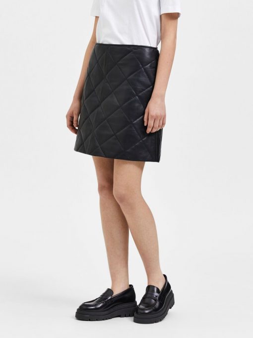 Selected Femme Isolde Leather Quilted Skirt Black