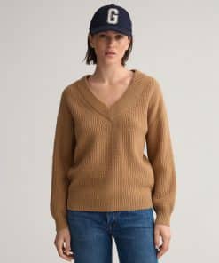 Gant Woman Wool Rib V-Neck Warm Khaki