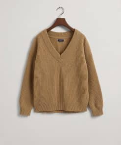 Gant Woman Wool Rib V-Neck Warm Khaki