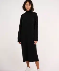 Knowledge Cotton Apparel Roll Neck Midi Dress Black Jet