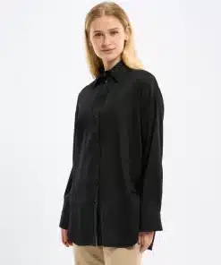 Knowledge Cotton Apparel Oversized Satin Shirt Black Jet