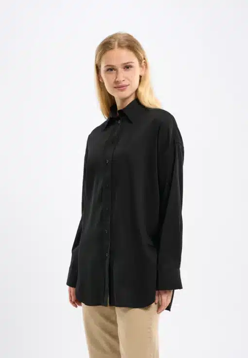 Knowledge Cotton Apparel Oversized Satin Shirt Black Jet