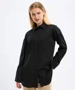 Knowledge Cotton Apparel Oversized Satin Shirt Black Jet