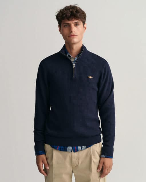 Gant Cotton Texture Halfzip Sweater Evening Blue