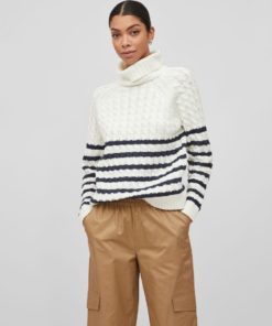 Vila Emmalina Roll Neck Cable Knit White Alyssum