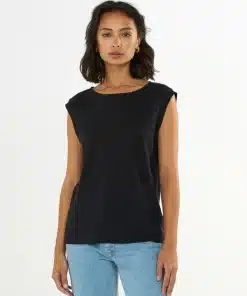 Knowledge Cotton Apparel Loose Fold Up Linen T-shirt Black Jet