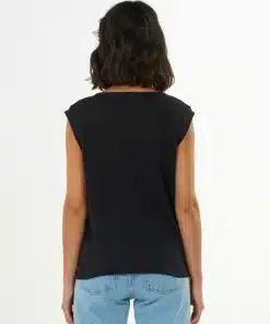 Knowledge Cotton Apparel Loose Fold Up Linen T-shirt Black Jet