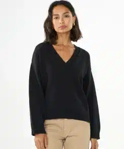 Knowledge Cotton Apparel V-Neck Long Sleeved Cotton Knit Black Jet