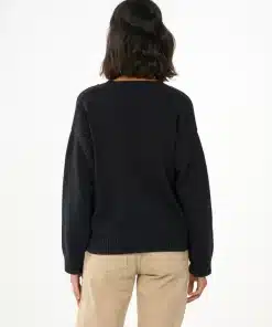 Knowledge Cotton Apparel V-Neck Long Sleeved Cotton Knit Black Jet