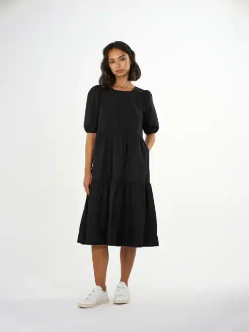 Knowledge Cotton Apparel Puff Sleeve Poplin Dress Black Jet
