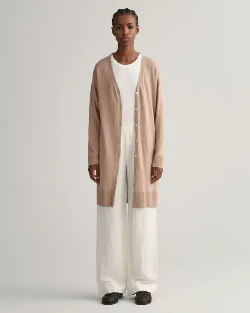 Gant Woman Linen Blend Long V-Neck Cardigan Horn Beige