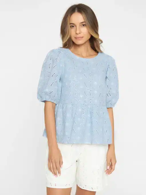 Knowledge Cotton Apparel Puff Sleeve Embroidery Top Skyway