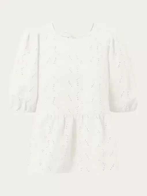 Knowledge Cotton Apparel Puff Sleeve Embroidery Top Egret