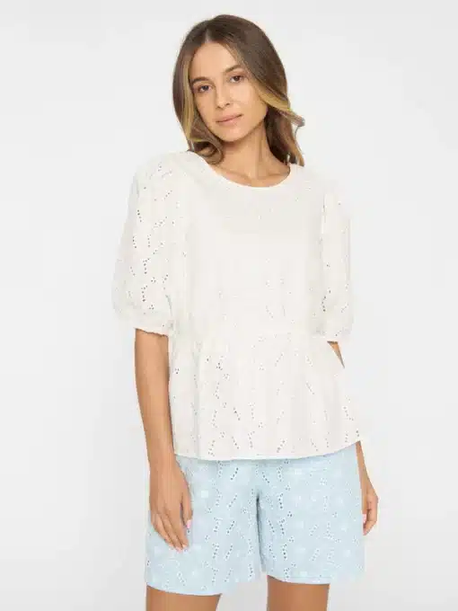 Knowledge Cotton Apparel Puff Sleeve Embroidery Top Egret