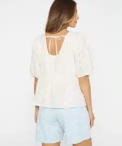 Knowledge Cotton Apparel Puff Sleeve Embroidery Top Egret