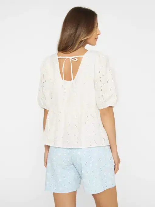 Knowledge Cotton Apparel Puff Sleeve Embroidery Top Egret