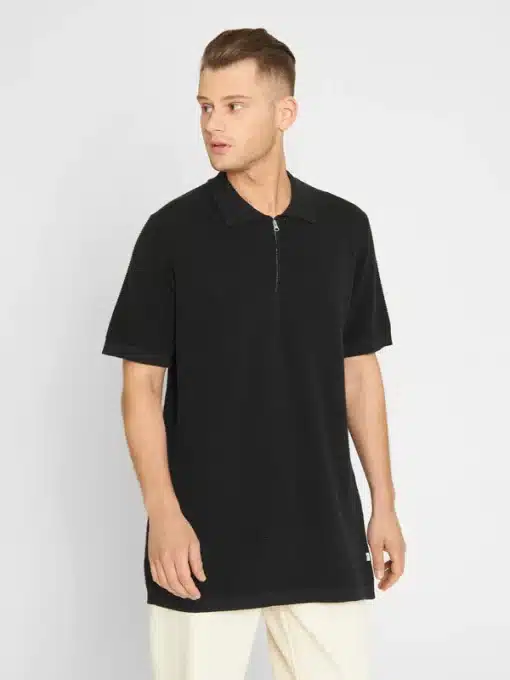 Knowledge Cotton Apparel Polo With Zipper In Reverse Knit Black Jet