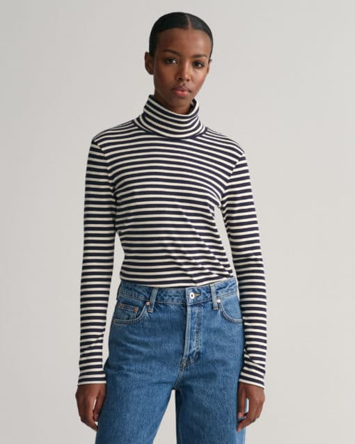 Gant Woman Striped Ribbed Turtleneck Evening Blue