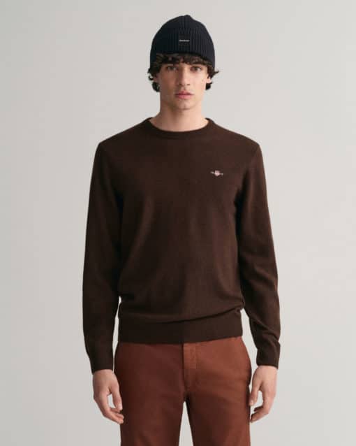 Gant Superfine Lambswool Crew Neck Jumper Dark Brown Melange
