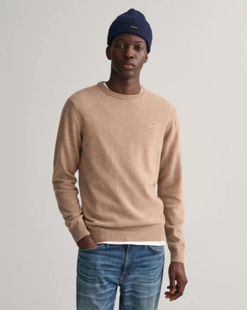 Gant Superfine Lambswool Crew Neck Jumper Dark Sand Melange