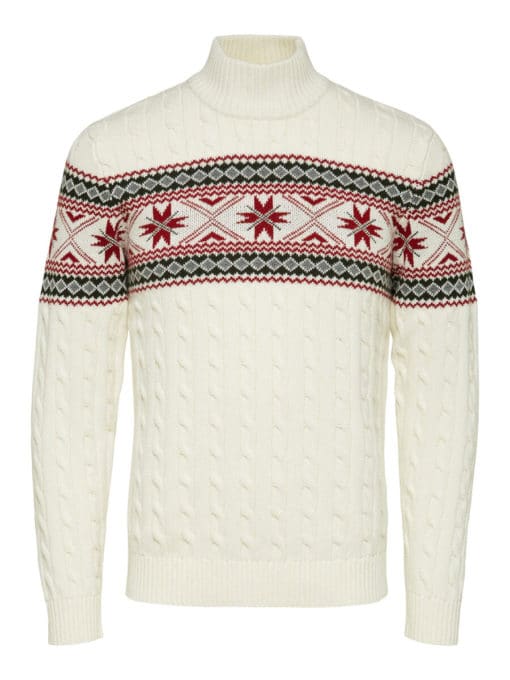 Selected Homme Flake Knit Cable High Neck Egret