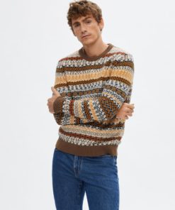 Selected Homme Faro Knit Fair Isle Crew Neck Dark Earth