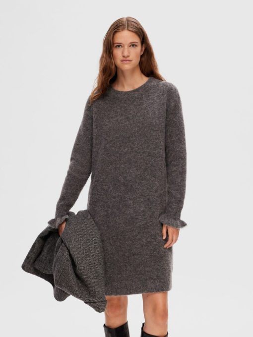 Selected Femme Sia Ras Frill Knit Dress Medium Grey Melange