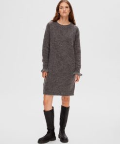 Selected Femme Sia Ras Frill Knit Dress Medium Grey Melange
