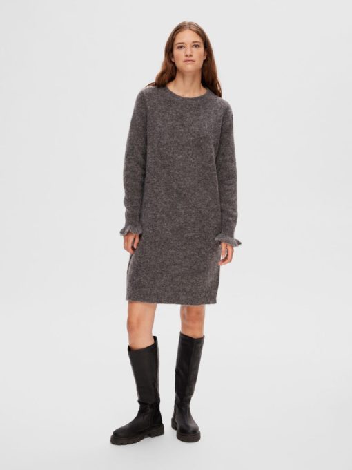 Selected Femme Sia Ras Frill Knit Dress Medium Grey Melange