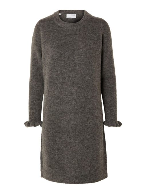 Selected Femme Sia Ras Frill Knit Dress Medium Grey Melange