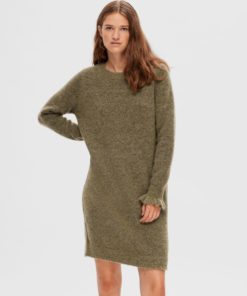 Selected Femme Sia Ras Frill Knit Dress Dusky Green