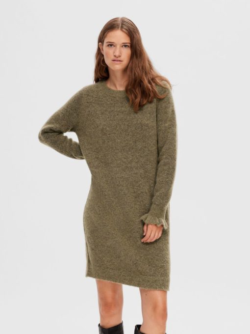 Selected Femme Sia Ras Frill Knit Dress Dusky Green