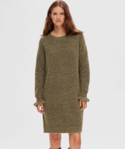 Selected Femme Sia Ras Frill Knit Dress Dusky Green