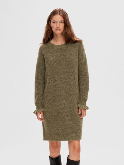 Selected Femme Sia Ras Frill Knit Dress Dusky Green