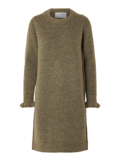 Selected Femme Sia Ras Frill Knit Dress Dusky Green