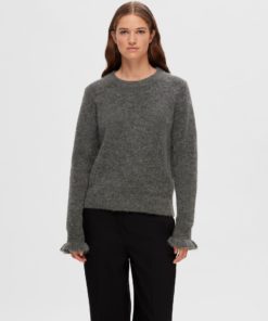 Selected Femme Ras Knit Frill Cuff O-Neck Medium Grey Melange