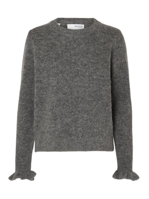 Selected Femme Ras Knit Frill Cuff O-Neck Medium Grey Melange